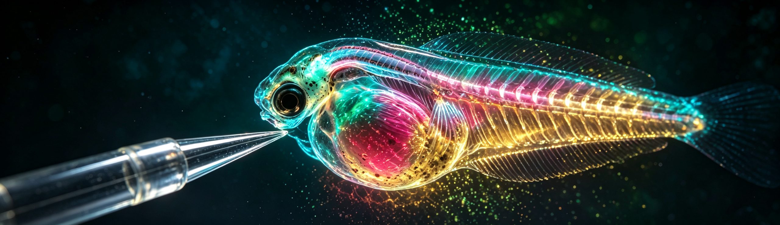 Fluorescence microscopy of a zebrafish larva probed by a glass micro-sensor